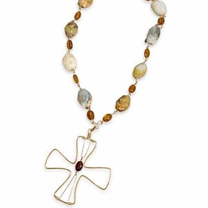 Gold and Brown Beaded Cross Necklace